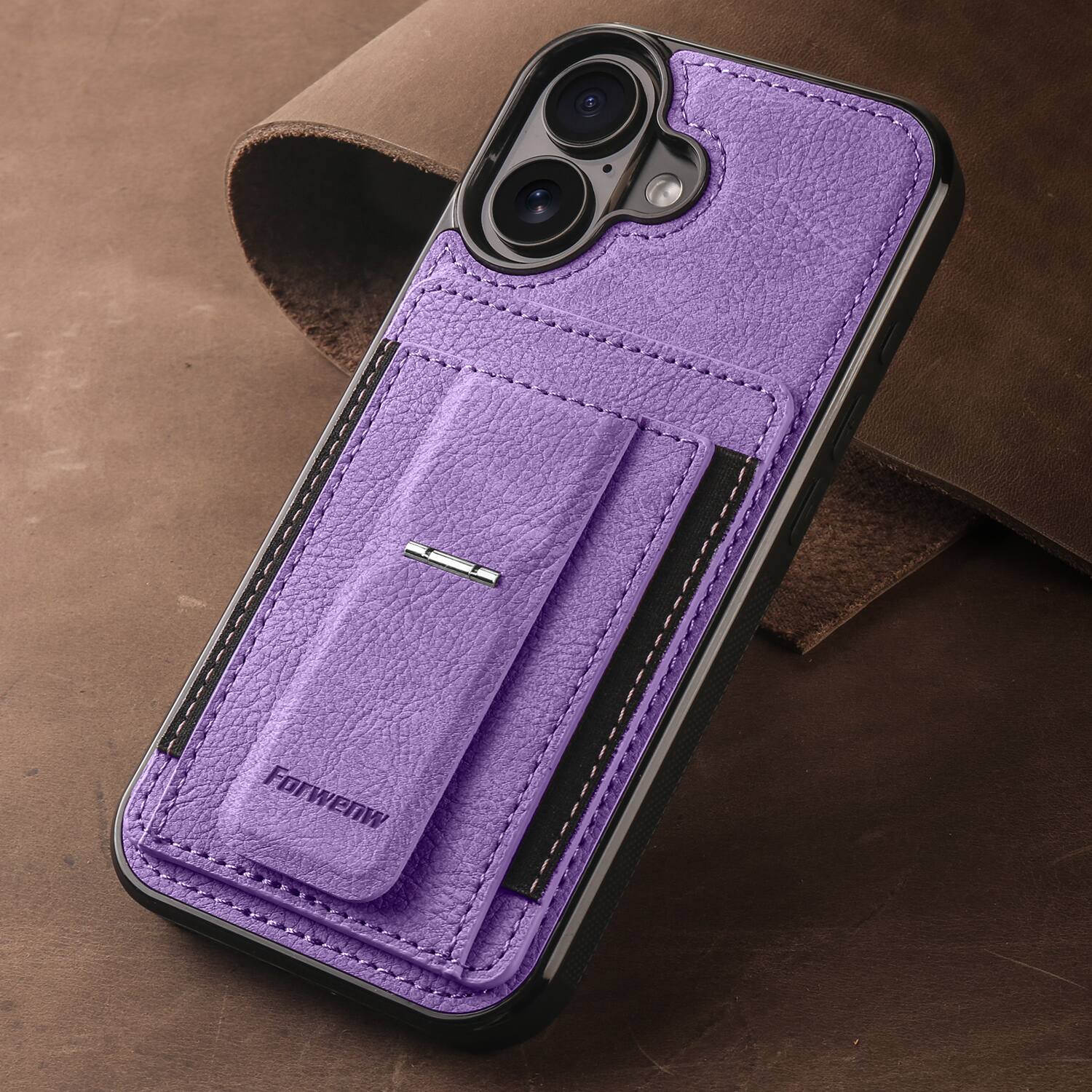 Angle. Dteck - Slim Card Holder Case for Apple iPhone 17, Shockproof Wallet Protective Cover with Kickstand - Purple.
