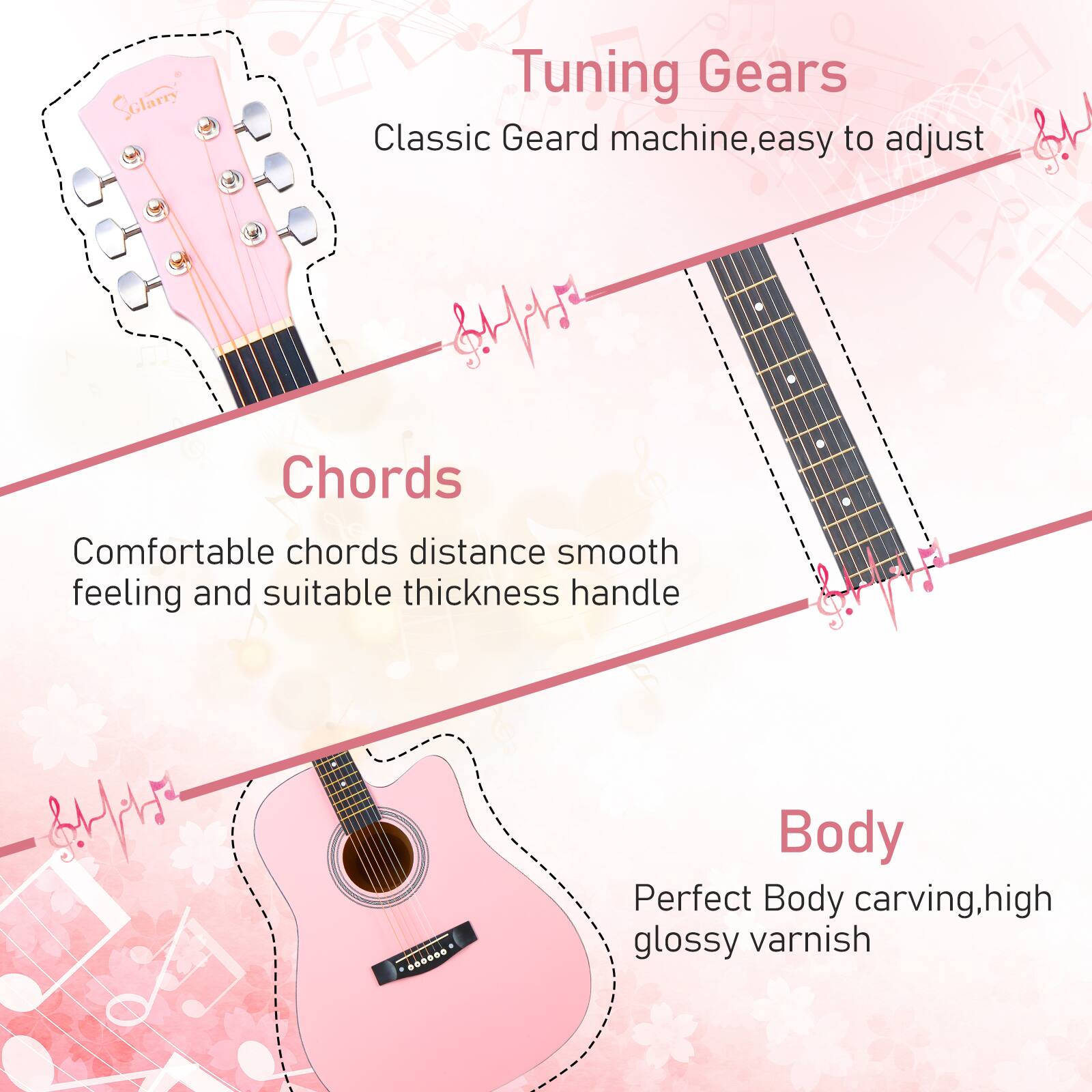 Sure, here is the corrected and grouped text from the image:

**Tuning Gears**  
Classic Geard machine, easy to adjust

**Chords**  
Comfortable chords distance smooth feeling and suitable thickness handle

**Body**  
Perfect Body carving, high glossy varnish