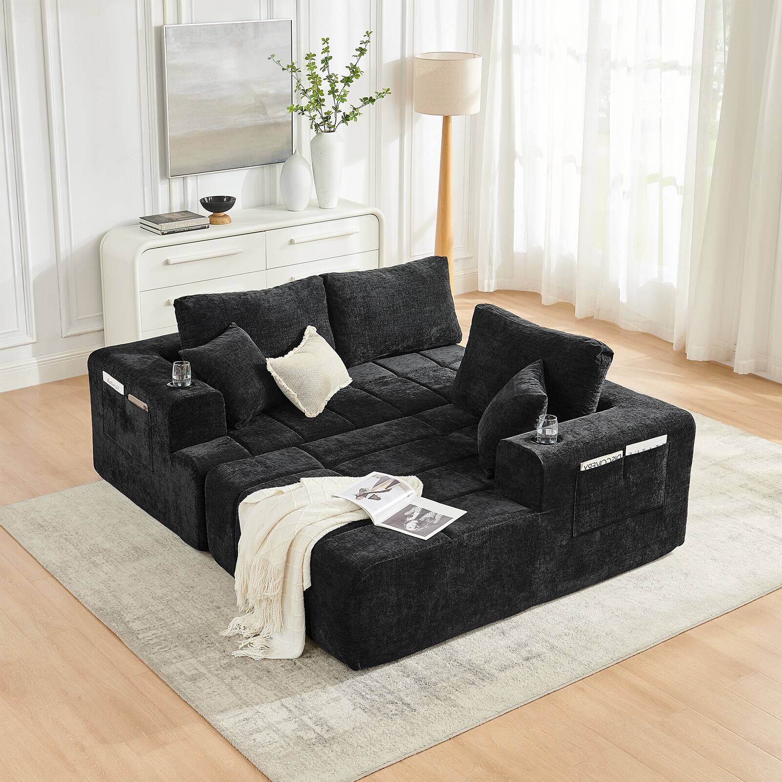 Left. Anysun - 108" L-Shaped Compression Chenille Sectional Sofa with Right Chaise, Cup Holders & Side Pockets, No Assembly - Black.