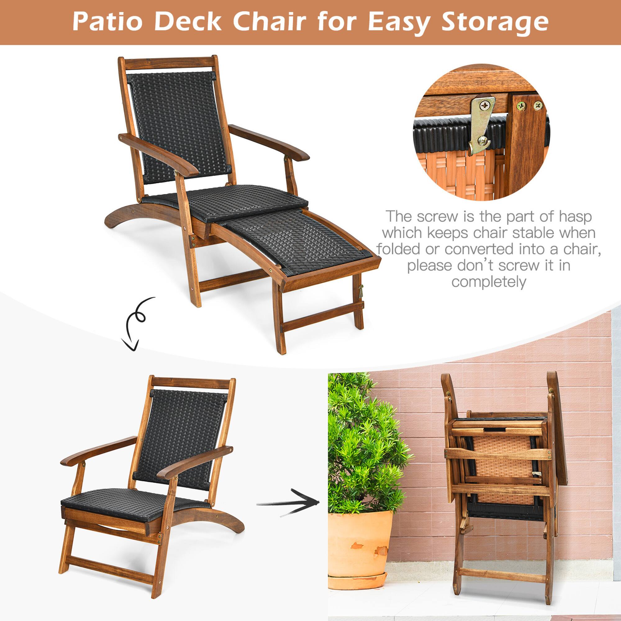 Patio Deck Chair for Easy Storage

The screw is the part of hasp which keeps chair stable when folded or converted into a chair, please don't screw it in completely