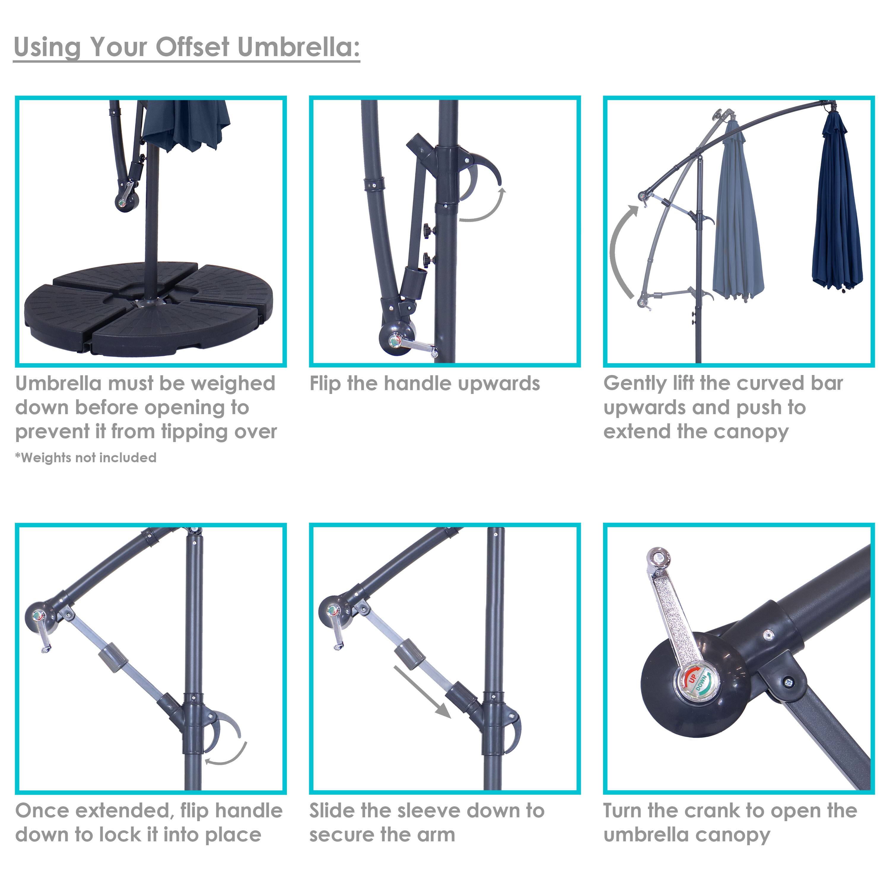 Using Your Offset Umbrella:

1. Umbrella must be weighed down before opening to prevent it from tipping over
   *Weights not included

2. Flip the handle upwards

3. Gently lift the curved bar upwards and push to extend the canopy

4. Once extended, flip handle down to lock it into place

5. Slide the sleeve down to secure the arm

6. Turn the crank to open the umbrella canopy