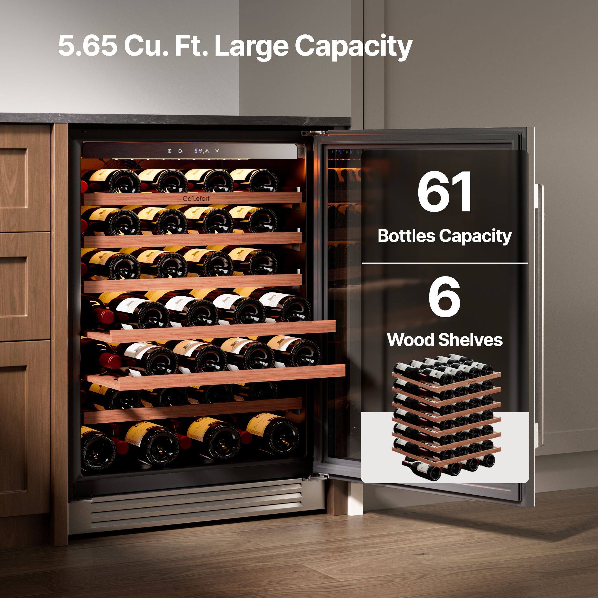 5.65 Cu. Ft. Large Capacity  
61 Bottles Capacity  
6 Wood Shelves