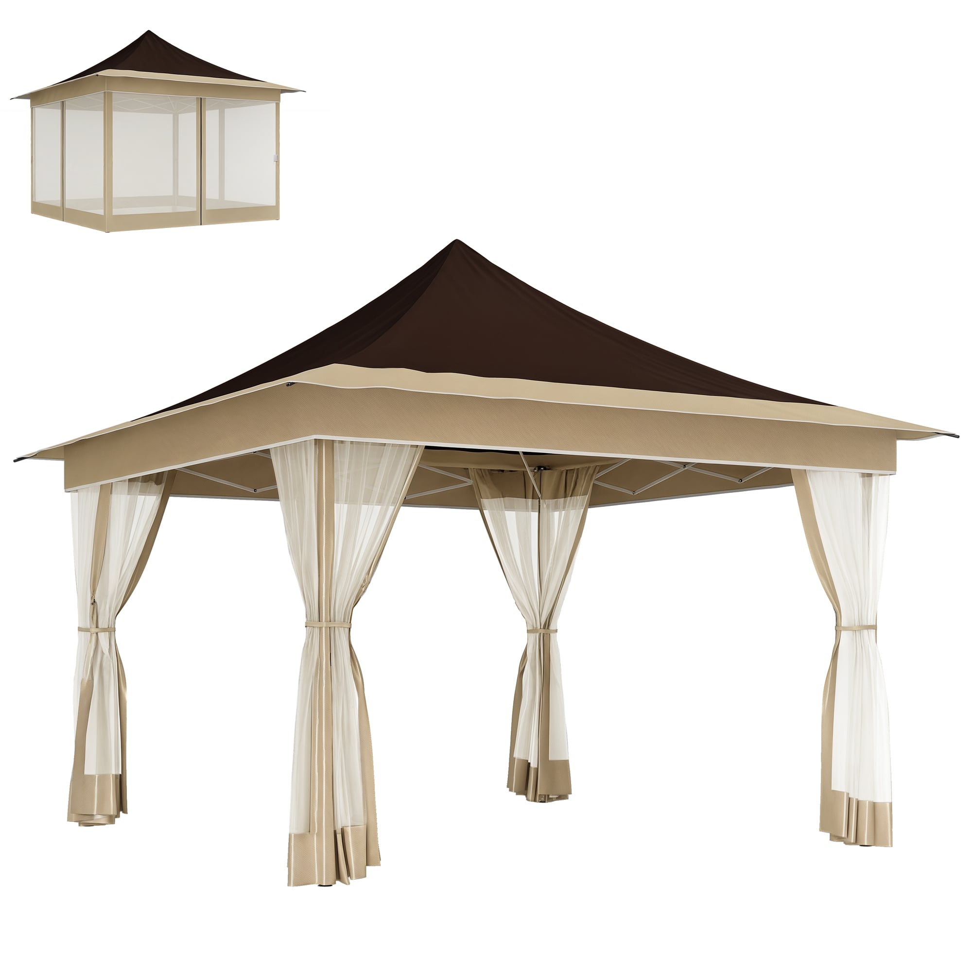 Outsunny - 12 x 12 ft. Pop Up Canopy Tent with Mesh Netting, UPF50+ Instant Sun Shelter with Carry Bag - Brown
