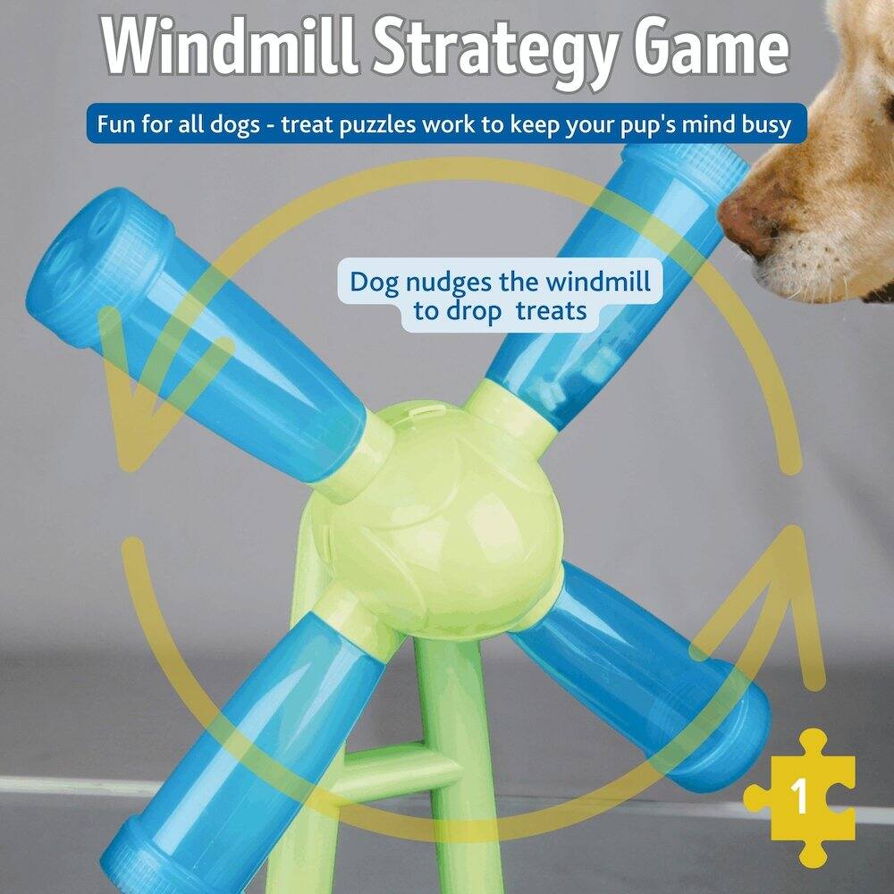 Windmill Strategy Game  
Fun for all dogs - treat puzzles work to keep your pup's mind busy  
Dog nudges the windmill to drop treats