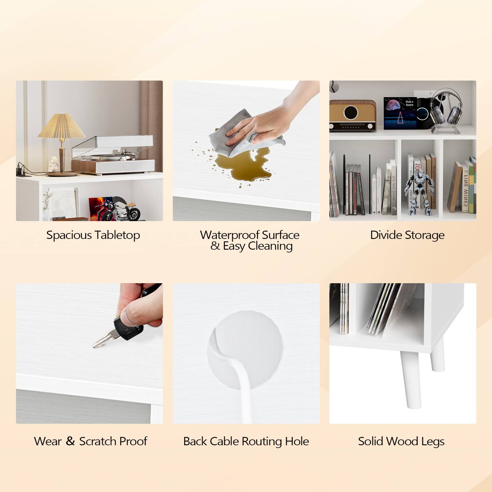 - Spacious Tabletop
- Waterproof Surface & Easy Cleaning
- Divide Storage
- Wear & Scratch Proof
- Back Cable Routing Hole
- Solid Wood Legs