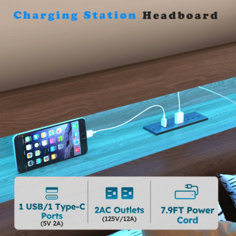 Charging Station Headboard

1 USB/1 Type-C Ports (5V 2A)

2AC Outlets (125V/12A)

7.9FT Power Cord