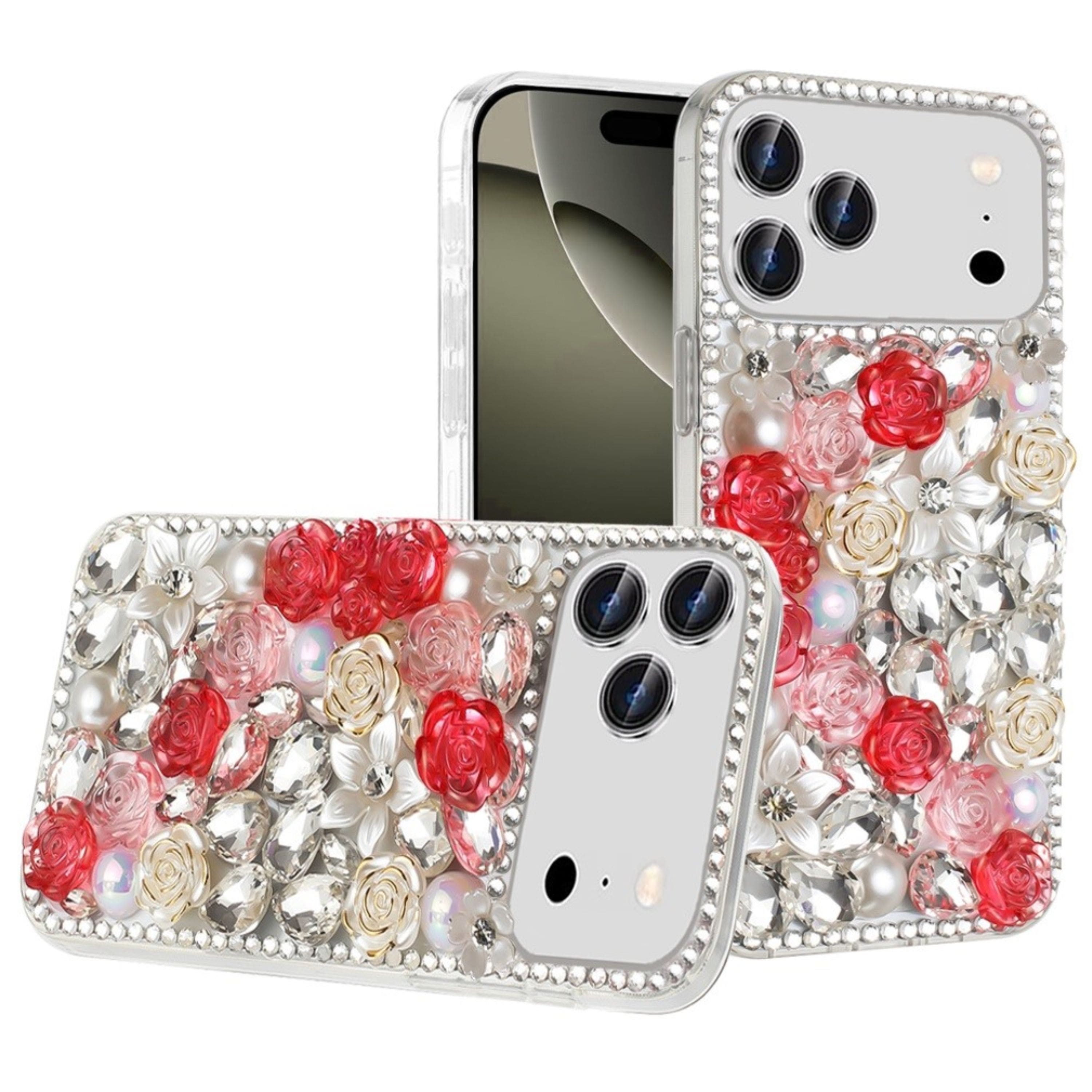 Kitcheniva - Full 3D Rhinestone Rose Phone Case With Tempered Glass For iPhone 17 Pro Max - Red