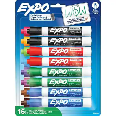 **Expo Low Odor Dry Erase Chisel**
- Easily Erases
- Se Borra con Facilidad
- WOW Ciseau Chisel Cincel Efface Fadlement
- Our Most Vibrant Ink
- Notre Encre la Plus Vibrante
- Our Most Vibrant Ink
**Features:**
- Low Odor
- Dry Erase Chisel
**Contents:**
- 16 Dry Erase Markers
- 16 Marcadores Borrables a Sec
**Model Number:**
- 81015A