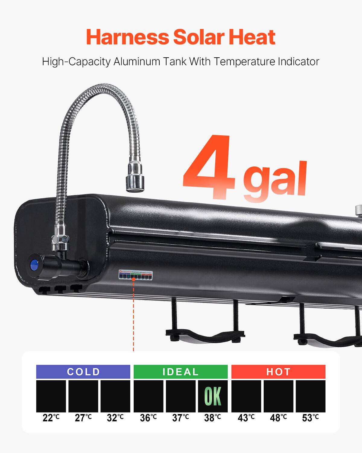Harness Solar Heat  
High-Capacity Aluminum Tank With Temperature Indicator  
4 gal  

COLD  
22°C 27°C 32°C  

IDEAL  
36°C 37°C 38°C  

HOT  
43°C 48°C 53°C