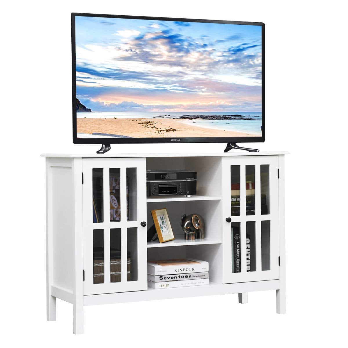 Ecooso - TV Stand Console Cabinet for 50 Inch TV with Storage Shelves - White