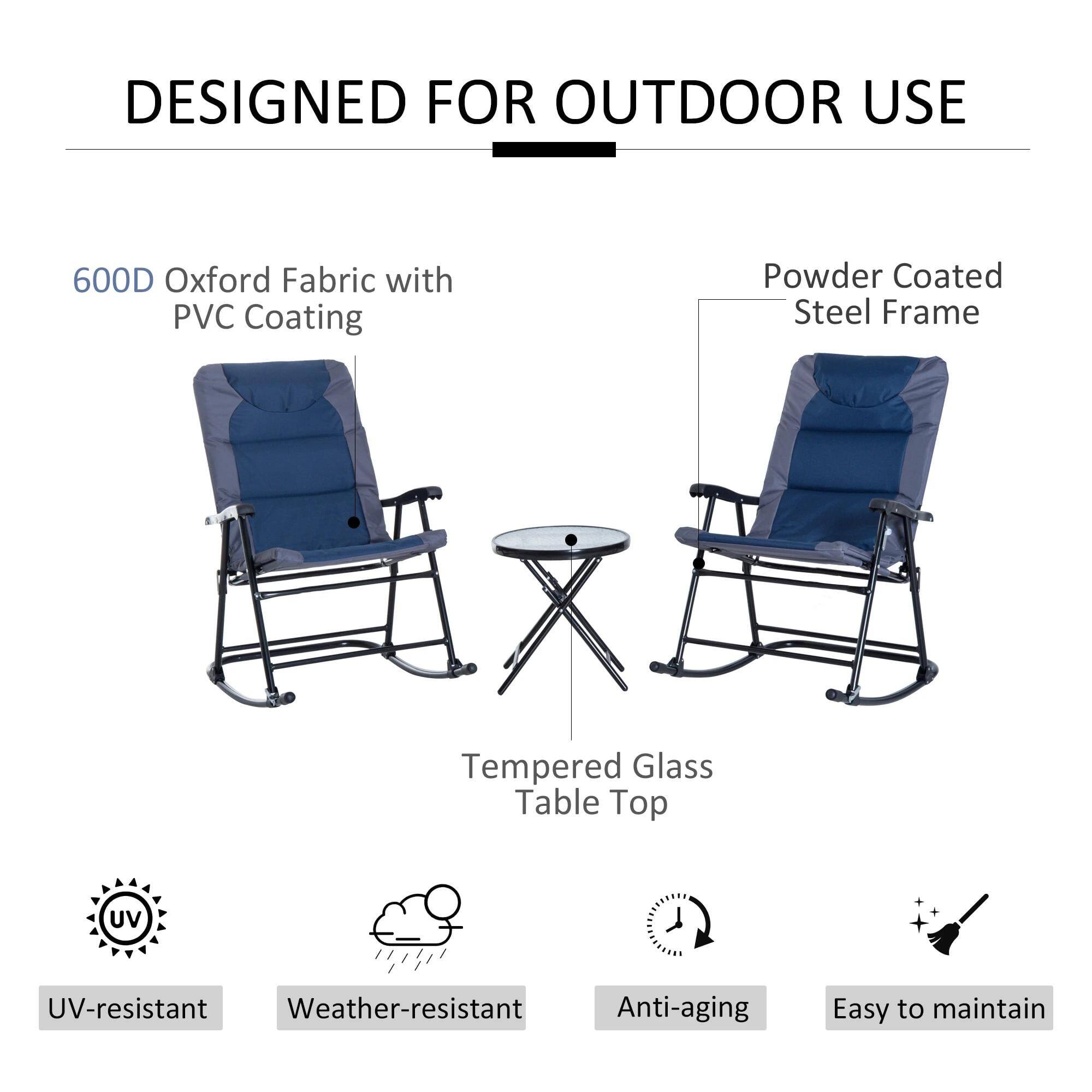 DESIGNED FOR OUTDOOR USE

600D Oxford Fabric with PVC Coating

Powder Coated Steel Frame

Tempered Glass Table Top

UV-resistant

Weather-resistant

Anti-aging

Easy to maintain