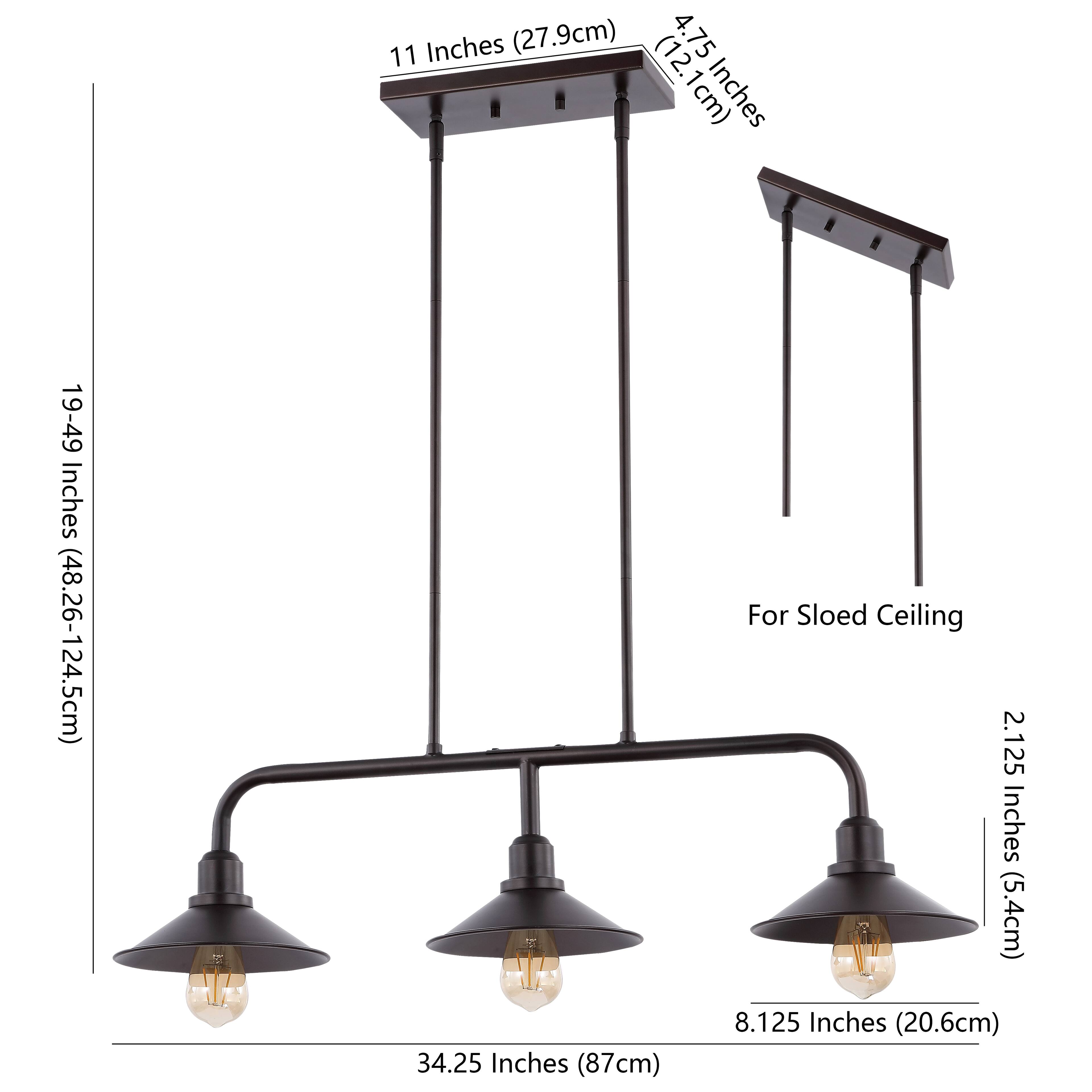 11 Inches (27.9cm)  
4.75 Inches (12.1cm)  
19-49 Inches (48.26-124.5cm)  
34.25 Inches (87cm)  
For Sloped Ceiling  
2.125 Inches (5.4cm)  
8.125 Inches (20.6cm)