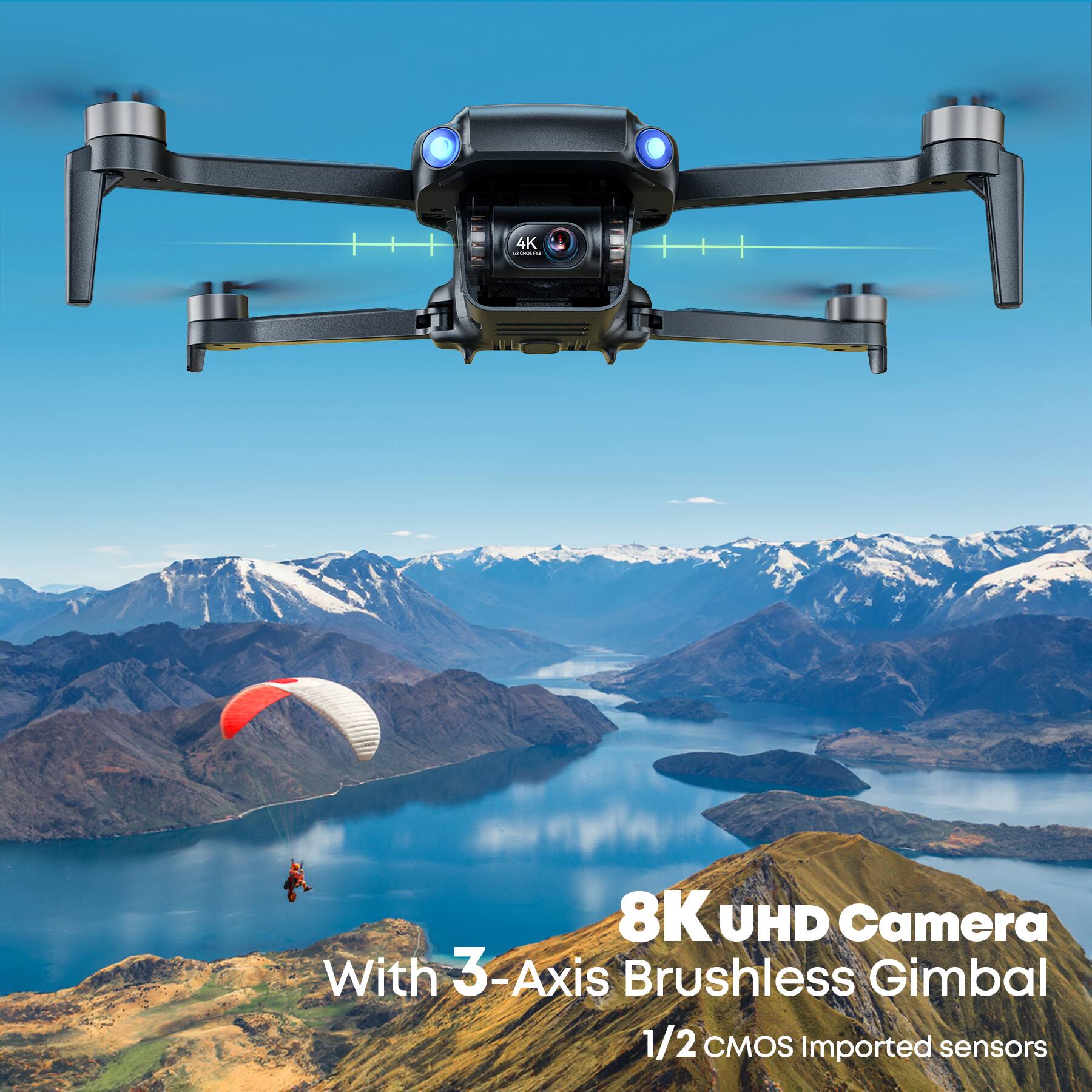 4K and 8K UHD Camera with 3-Axis Brushless Gimbal, 1/2 CMOS Imported Sensors