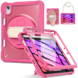 Dteck - Rugged Case for Apple iPad mini (6th Generation) 2021 Built-in Screen Protector, Shockproof Kickstand Cover with Strap - Rose