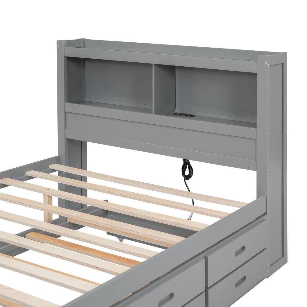 Alt View 10. Loheer - Loheer Full Size Platform Bed with Trundle, Drawers and USB Ports, Gray Captains Bed - Gray.