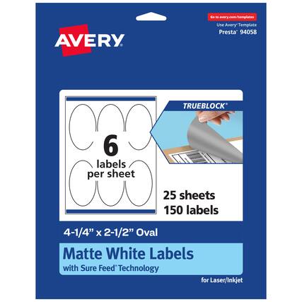 Go to avery.com/templates
AVERY
Use Avery™ Template Presta™ 94058
TRUEBLOCK®
6 labels per sheet
25 sheets 150 labels
4-1/4" x 2-1/2" Oval Matte White Labels with Sure Feed® Technology for Laser/Inkjet