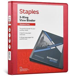 Staples - 1" 3-Ring View Binders, D-Ring - Red