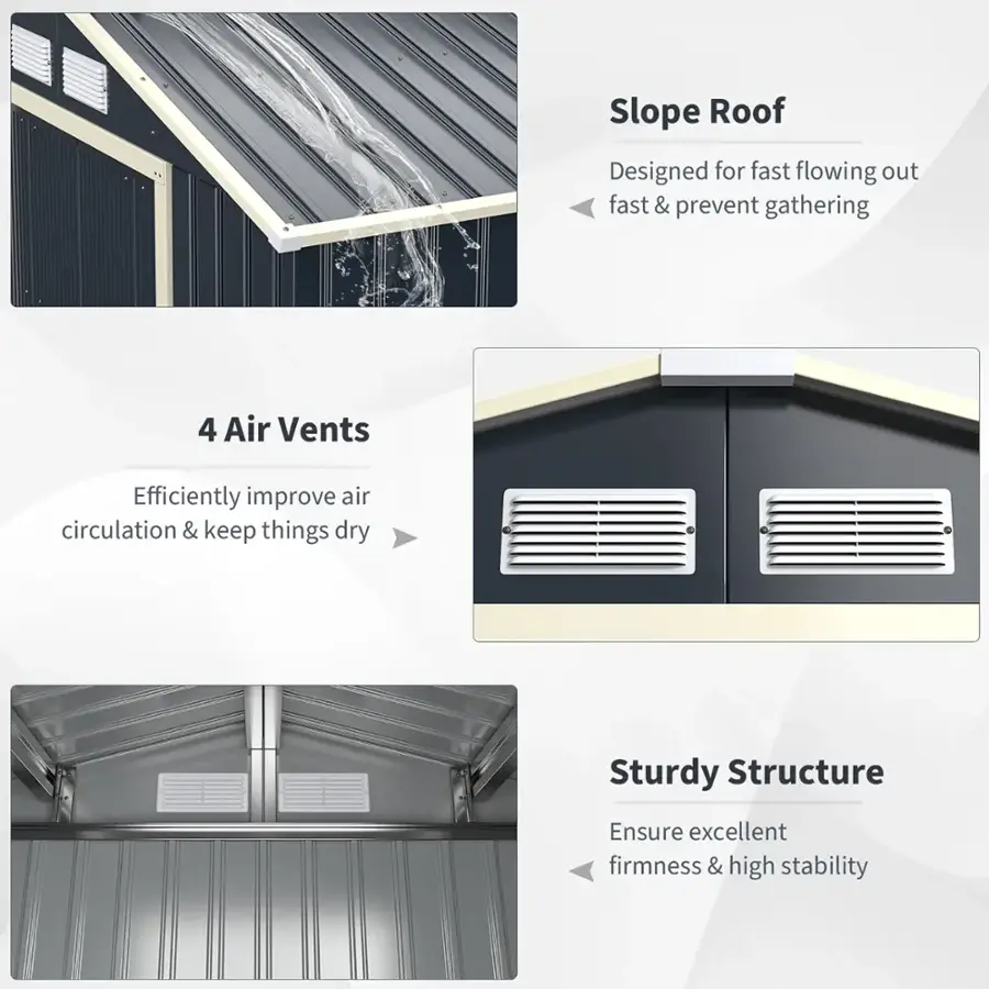 Slope Roof: Designed for fast flowing out fast & prevent gathering.
4 Air Vents: Efficiently improve air circulation & keep things dry.
Sturdy Structure: Ensure excellent firmness & high stability.