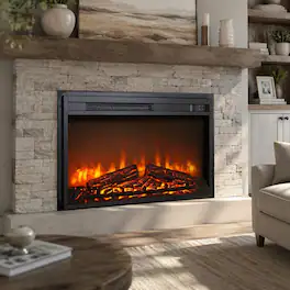 RYHNUYNE - 26 Inch Ultra Thin Electric Fireplace Insert Heater, Log Set Realistic Flame Remote Timer Overheat Protection - Antique Black