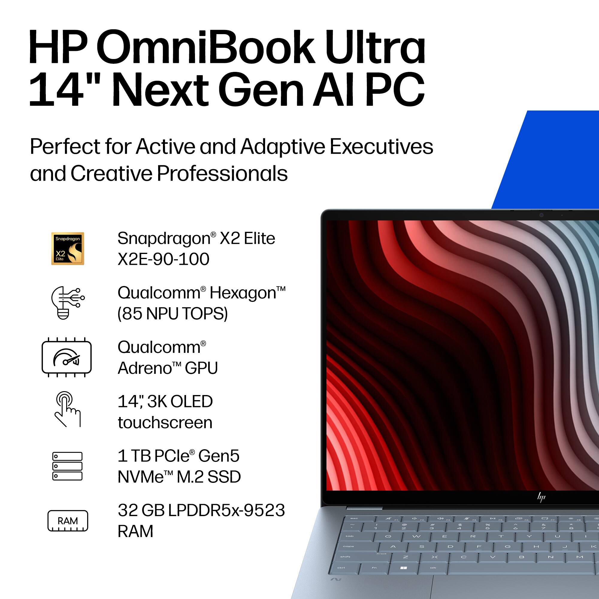 HP OmniBook Ultra 14" Next Gen AI PC  
Perfect for Active and Adaptive Executives and Creative Professionals  

- Snapdragon® X2 Elite X2E-90-100  
- Qualcomm® Hexagon™ (85 NPU TOPS)  
- Qualcomm® Adreno™ GPU  
- 14", 3K OLED touchscreen  
- 1 TB PCIe® Gen5 NVMe™ M.2 SSD  
- 32 GB LPDDR5x-9523 RAM