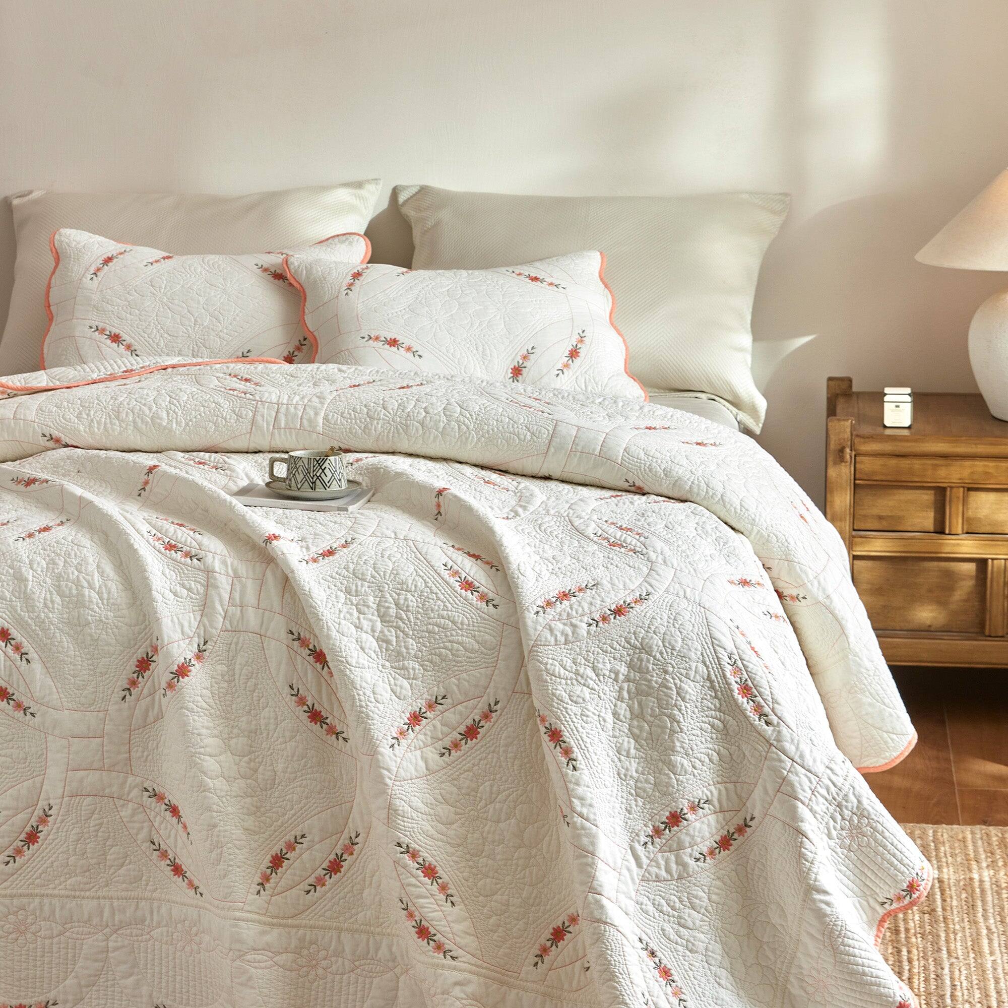 Alt View 1. MarCielo - Marcielo 3 Pieces Cotton French Country Quilt Bedspread Set Floral Embroidery - White.