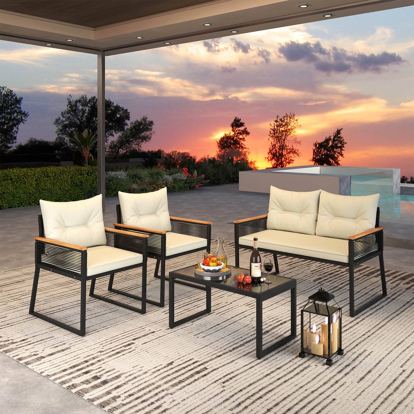 Alt View 5. Costway - Costway 8 PCS Patio Furniture Set with Tempered Glass Coffee Table PE Wicker Rattan Chairs - Black,Off White.