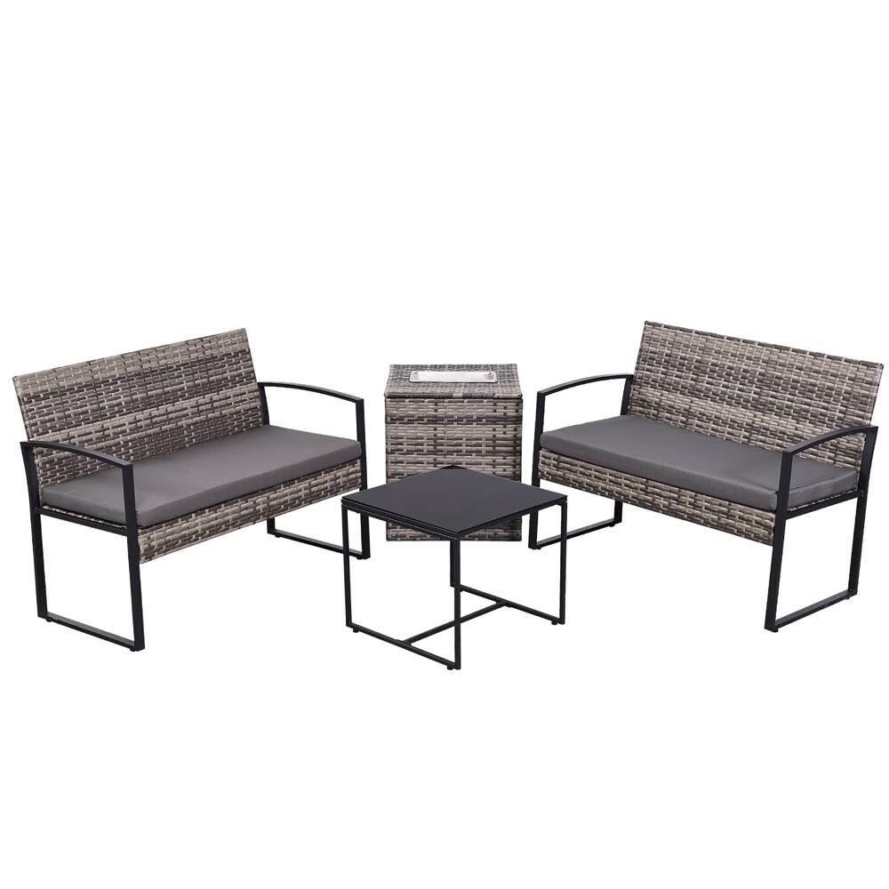 Ainfox - 4Piece Outdoor Patio Furniture Set with Ice Cooler Storage Box & Coffee Table for Outside, Garden, Balcony, Porch - Gray