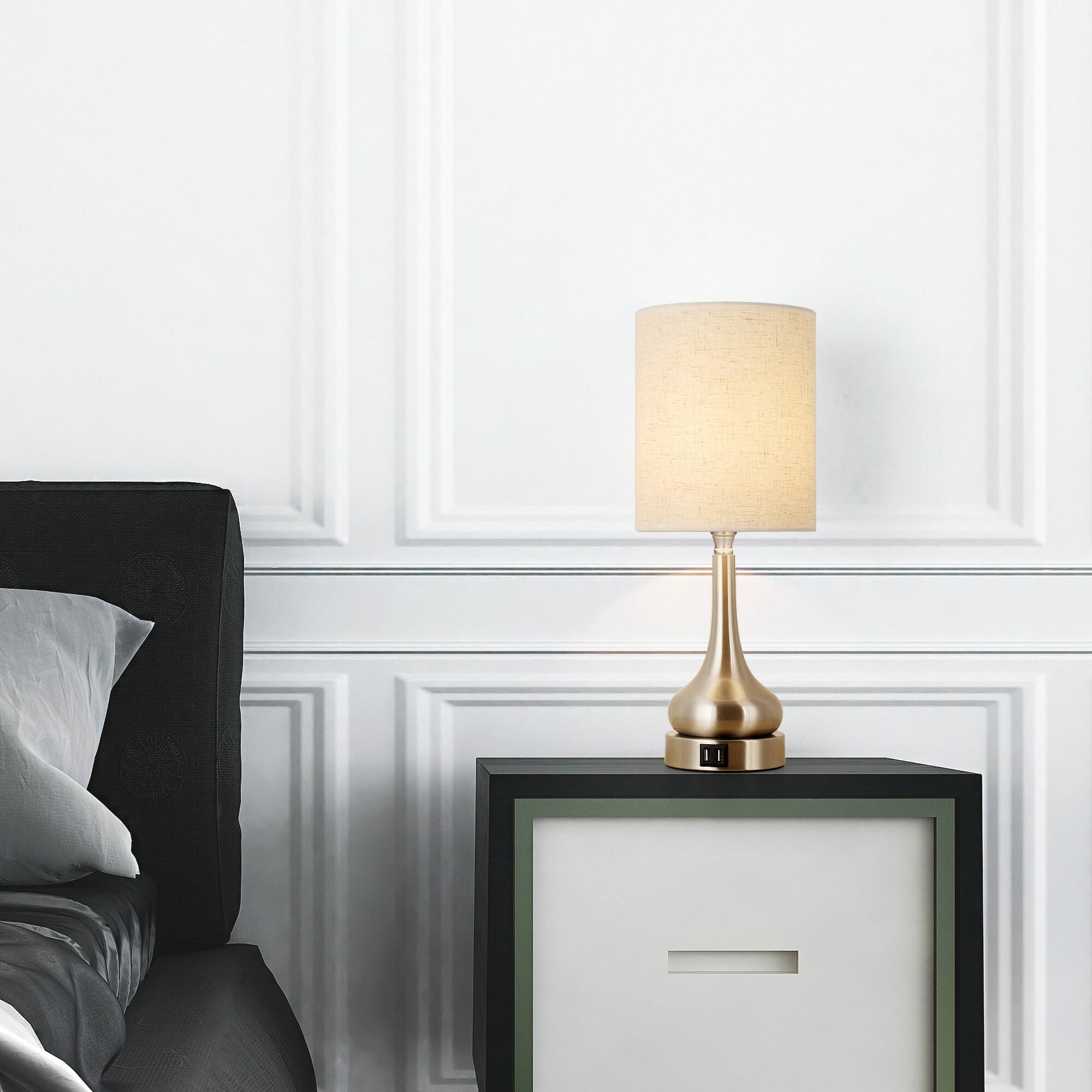 Alt View 1. Oumilen - 2-Piece Gourd Table Lamp with Nickel Base, Touch Control, 2 USB Ports and Linen Shade.