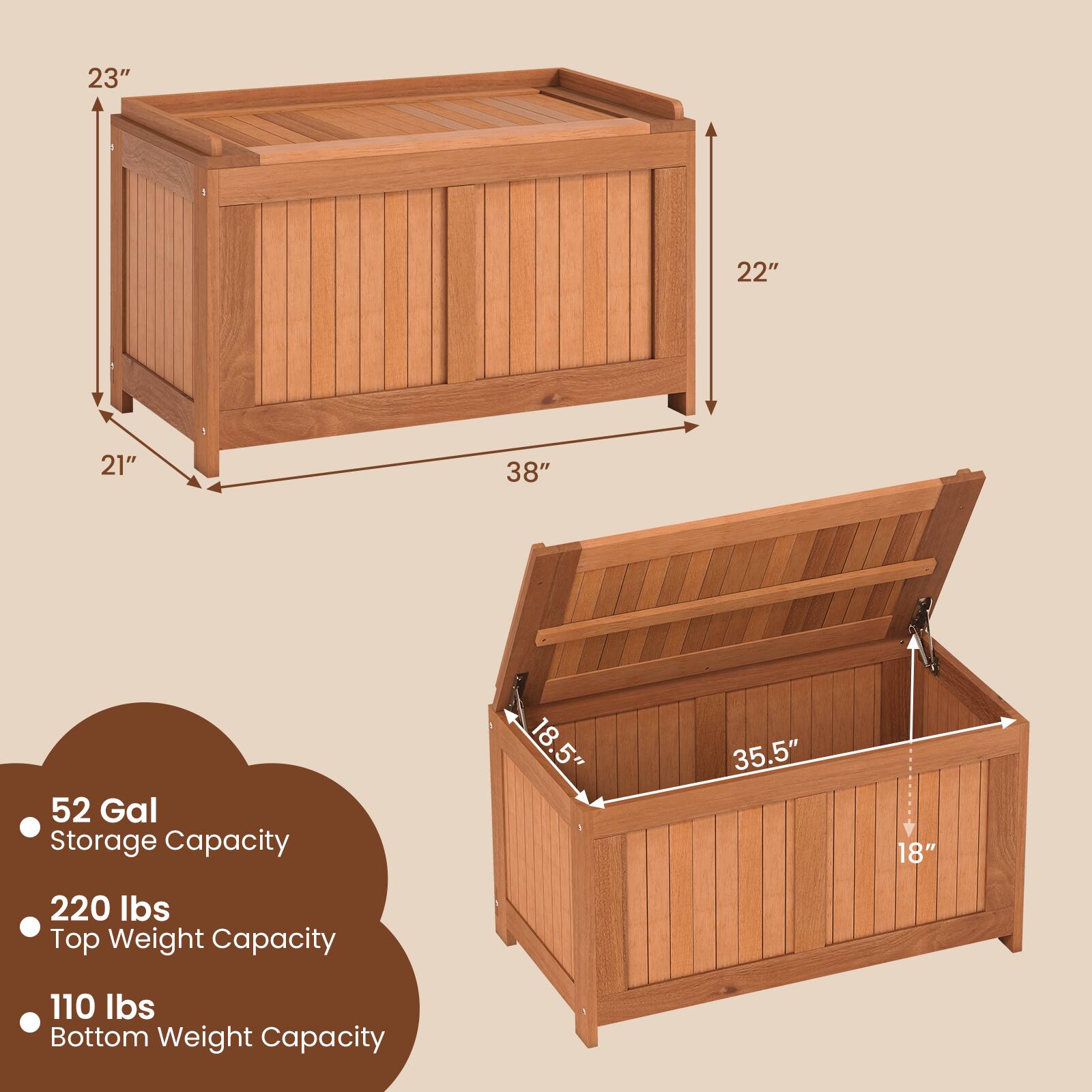 23" x 22" x 21"  
38" x 52 Gal Storage Capacity  
18.5" x 35.5" x 18"  
220 lbs Top Weight Capacity  
110 lbs Bottom Weight Capacity