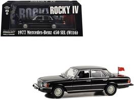 1977 Mercedes-Benz 450 SEL (W116) with Soviet Flag "Rocky IV" (1985) Movie 1/43 Diecast Model Car by Greenlight - Black