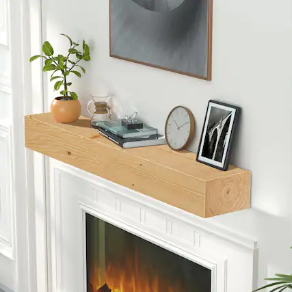 Front. TinyHomie - 48inch Wood Floating Fireplace Shelves Wall Mounted Clear Varnished 48inch x8inch x5inch.