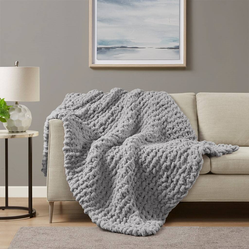 Alt View 1. Gracie Mills - Gracie Mills Dana Handmade Chenille Chunky Knit Throw Blanket - Grey.