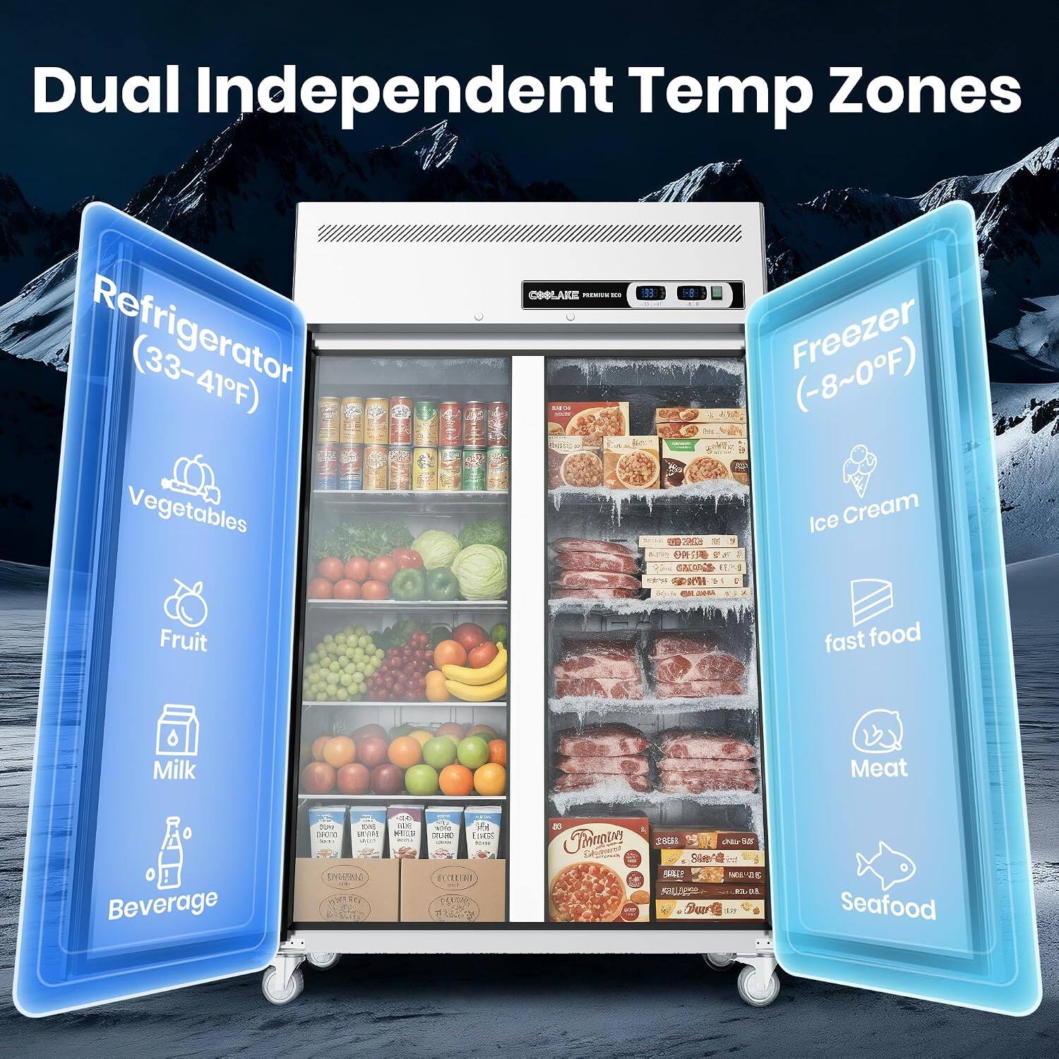 Dual Independent Temp Zones Refrigerator (33-41F) Vegetables Fruit Milk Beverage Freezer (-8~0F) Ice Cream fast food Meat Seafood