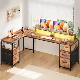 Furnulem - L Shaped Computer Desk with File Drawers Power Outlets LED Lights Reversible Corner Gaming Table with Monitor Stand - Brown
