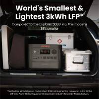 World's Smallest & Lightest 3kWh LFP*  
Compared to the Explorer 3000 Pro, this model is 35% smaller  

Certified by Worlds lightest and smallest 3kWh solar generator referenced in the Global Off-Grid Power Solution Equipment Industry Report by P&S Bulidern.