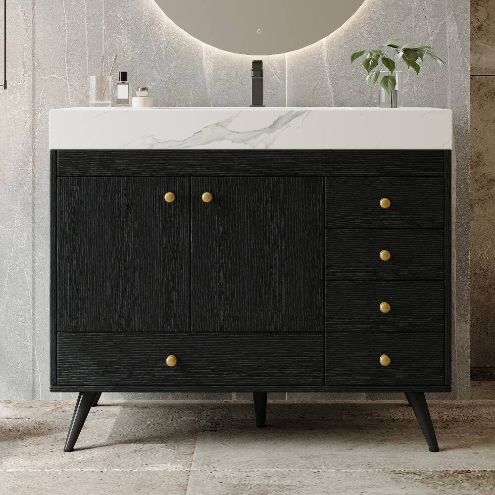 Angle. Loheer - Loheer 36 inch freestanding bathroom vanity with faux marble top, ceramic sink, 5 drawers, black - Black.