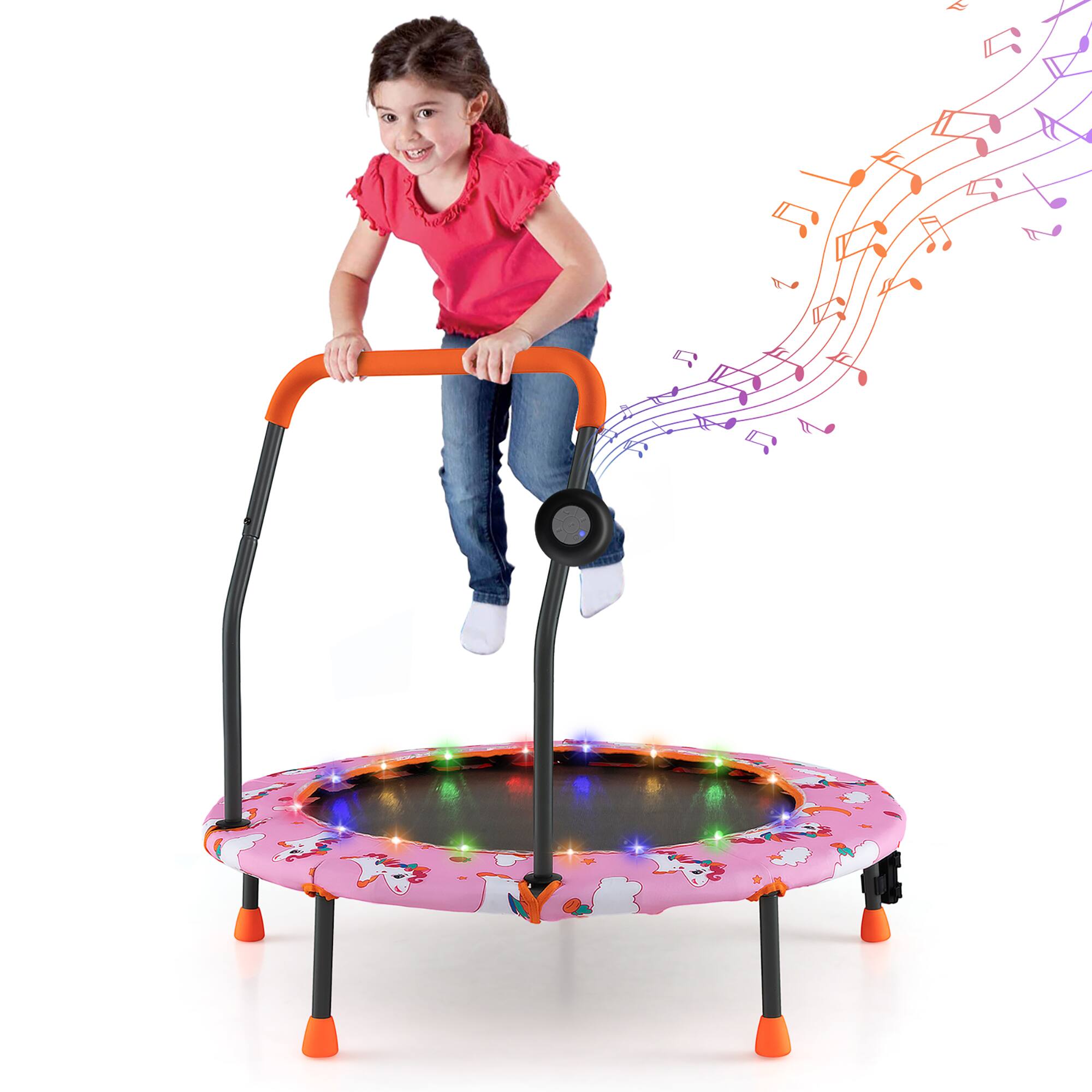 Front. Gymax - Gymax 36'' Mini Trampoline w/ LED Bluetooth Speaker Detachable Handle Kids Gifts Pink - Pink.