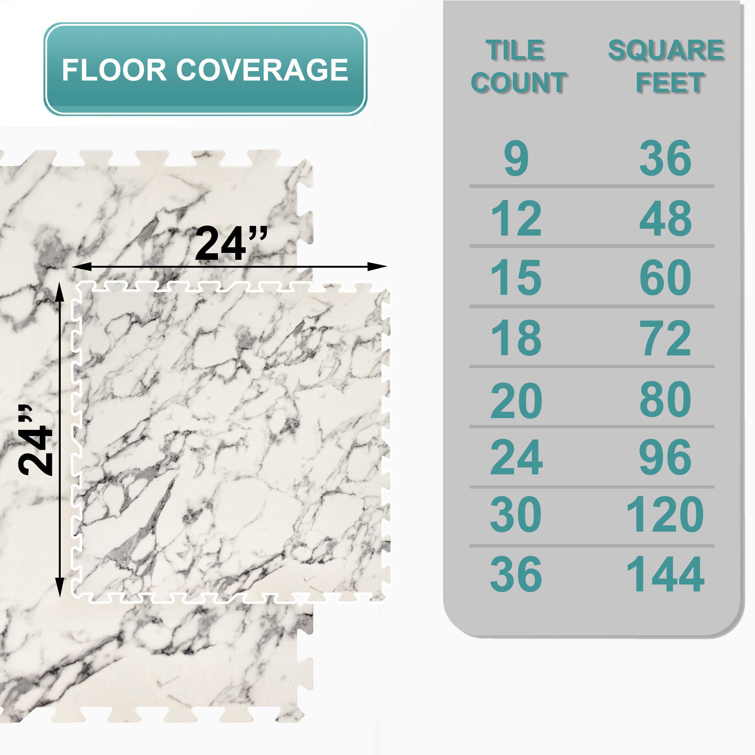 FLOOR COVERAGE

TILE COUNT | SQUARE FEET
--- | ---
9 | 36
12 | 48
15 | 60
18 | 72
20 | 80
24 | 96
30 | 120
36 | 144