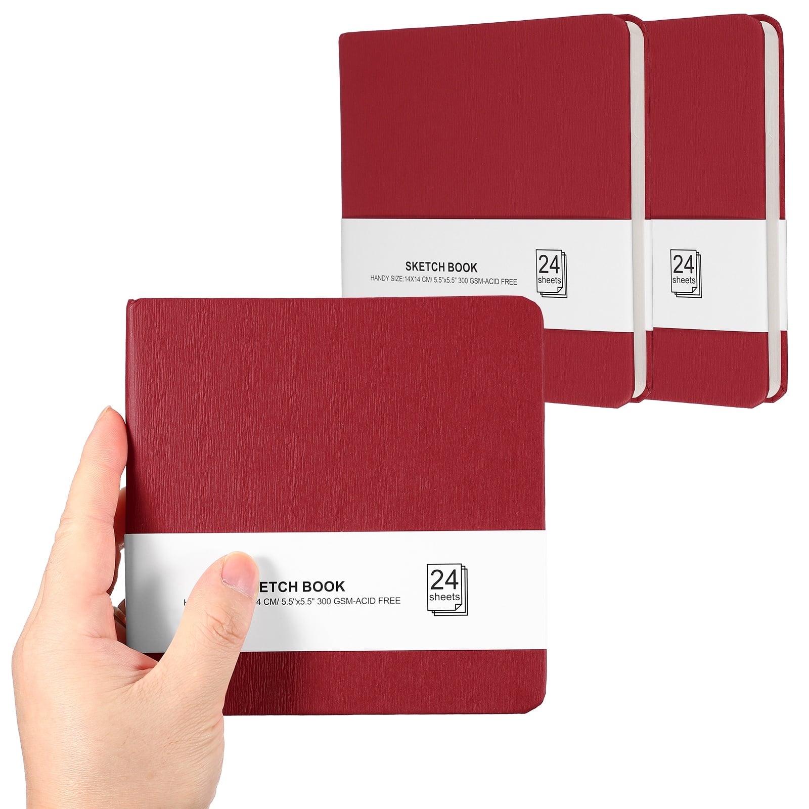 Unique Bargains - 3pcs 5.5x5.5 Inch Small Sketchbook, 24/48pg 300GSM Watercolor Paper Pad Square Tiny Pocket for Drawing Travel - Dark Red
