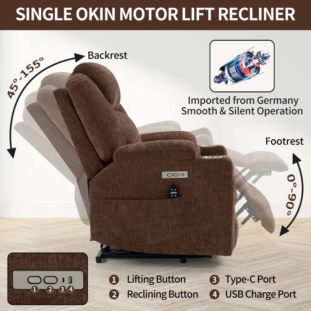 SINGLE OKIN MOTOR LIFT RECLINER  
Backrest 45-155°  
Smooth & Silent Operation  
Imported from Germany  

Footrest 0-60°  

1. Lifting Button  
2. Reclining Button  
3. Type-C Port  
4. USB Charge Port