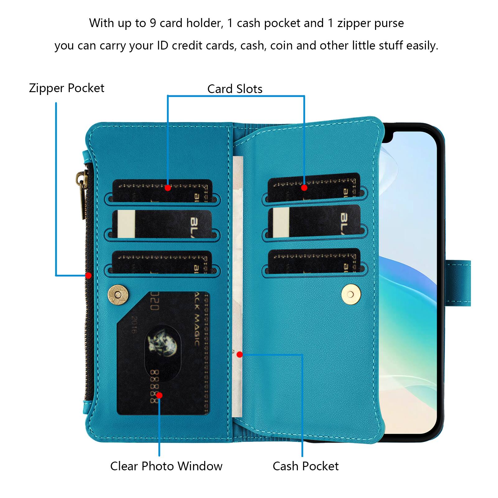With up to 9 card holders, 1 cash pocket, and 1 zipper purse, you can carry your ID, credit cards, cash, coin, and other little stuff easily.

- Zipper Pocket
- Card Slots
- Clear Photo Window
- Cash Pocket