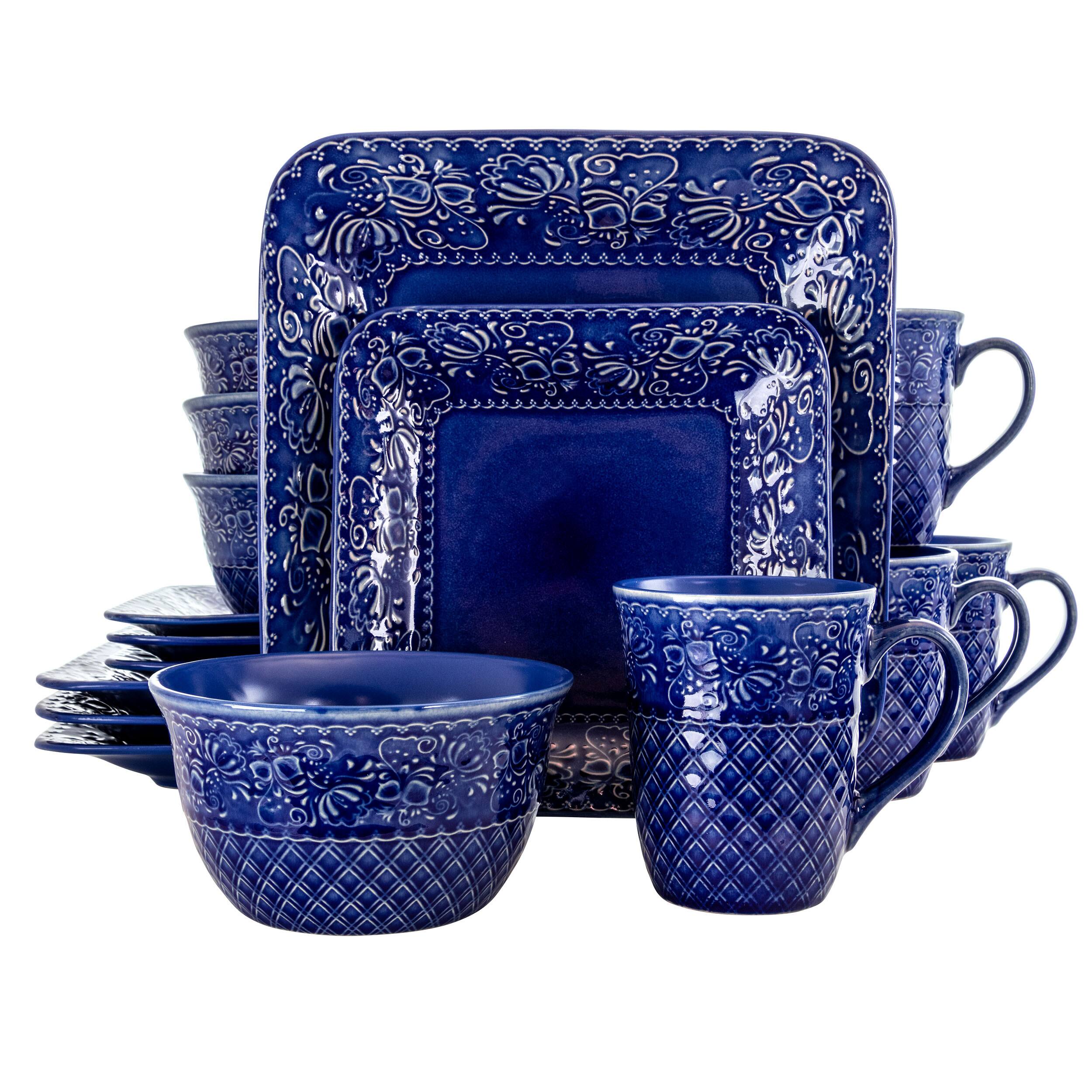 Elama - Lotus 16 Piece Square Dinnerware Set - Indigo