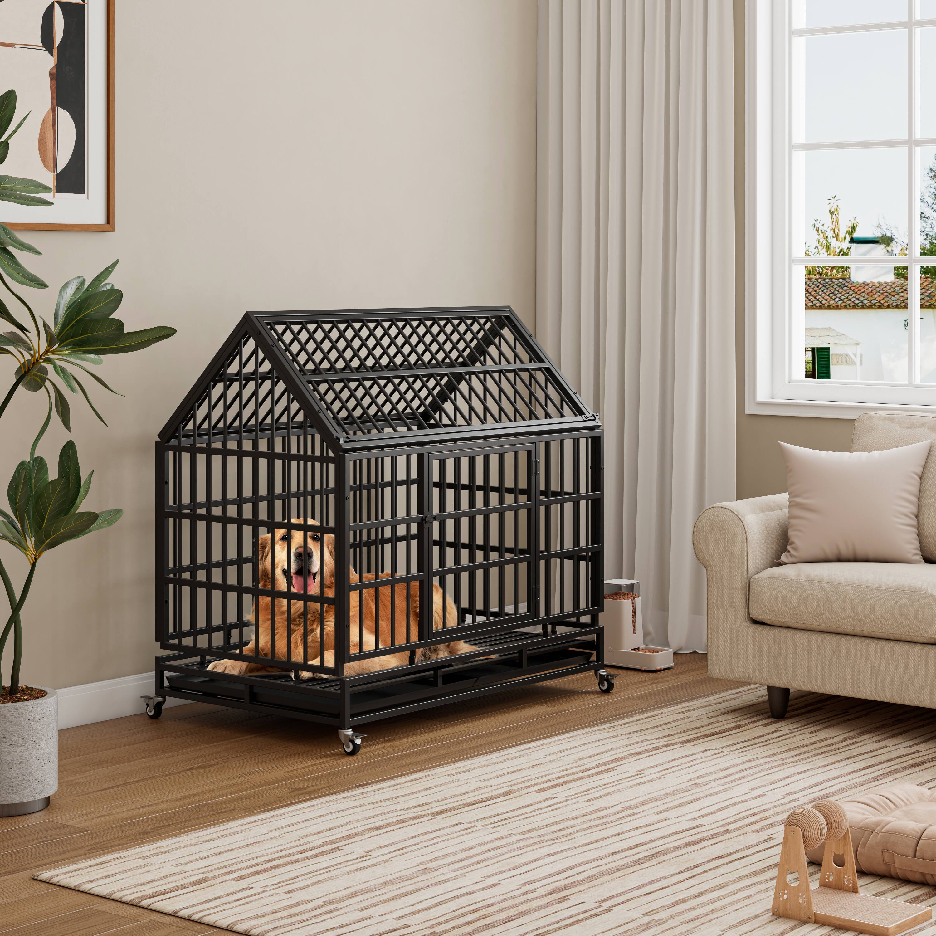 Left. Siljoy - Heavy Duty Folding Dog Crate with Wheels, Pointed Roof & Removable Tray for Large/Medium Dogs.