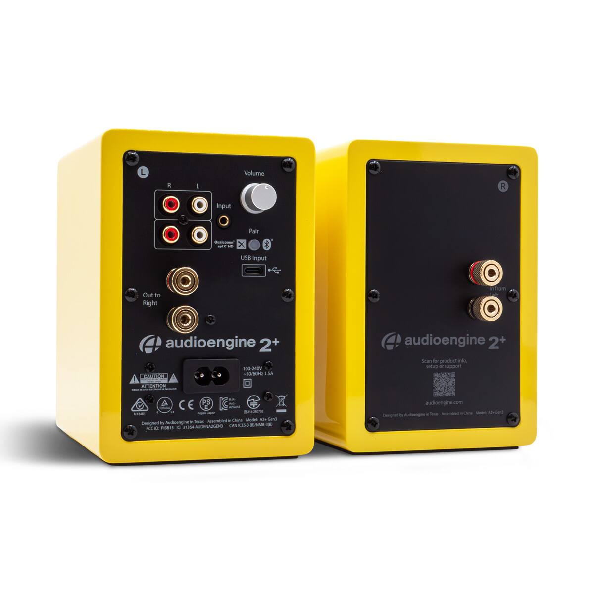 L Volume a L R Input Pair - - - X USB Input Out to Right from audioengine 2+ + 100-240V 50/60Hz SA CUTS audioengine 2+ Scan for product info, setup or support ATTENTION . C E AS e a - - B e - . China Model AJ Send audioengine . Seses Assamind Designed in I - E 1M AUDENAZIANS CAN FCC D FORTS audioengine.com Seus - Cia - Al - Designed t Audotrpme

---

audioengine 2+

Scan for product info, setup or support

audioengine.com

Designed by audioengine in Texas. Assembled in China. Model A2+ Gen 2

100-240V 50/60Hz 1.5A

Designed by audioengine in Texas. Assembled in China. Model A2+ Gen 2

FCC ID: PEB15 C3793AUDENAZIANS

CE

RoHS

Designed by audioengine in Texas. Assembled in China. Model A2+ Gen 2