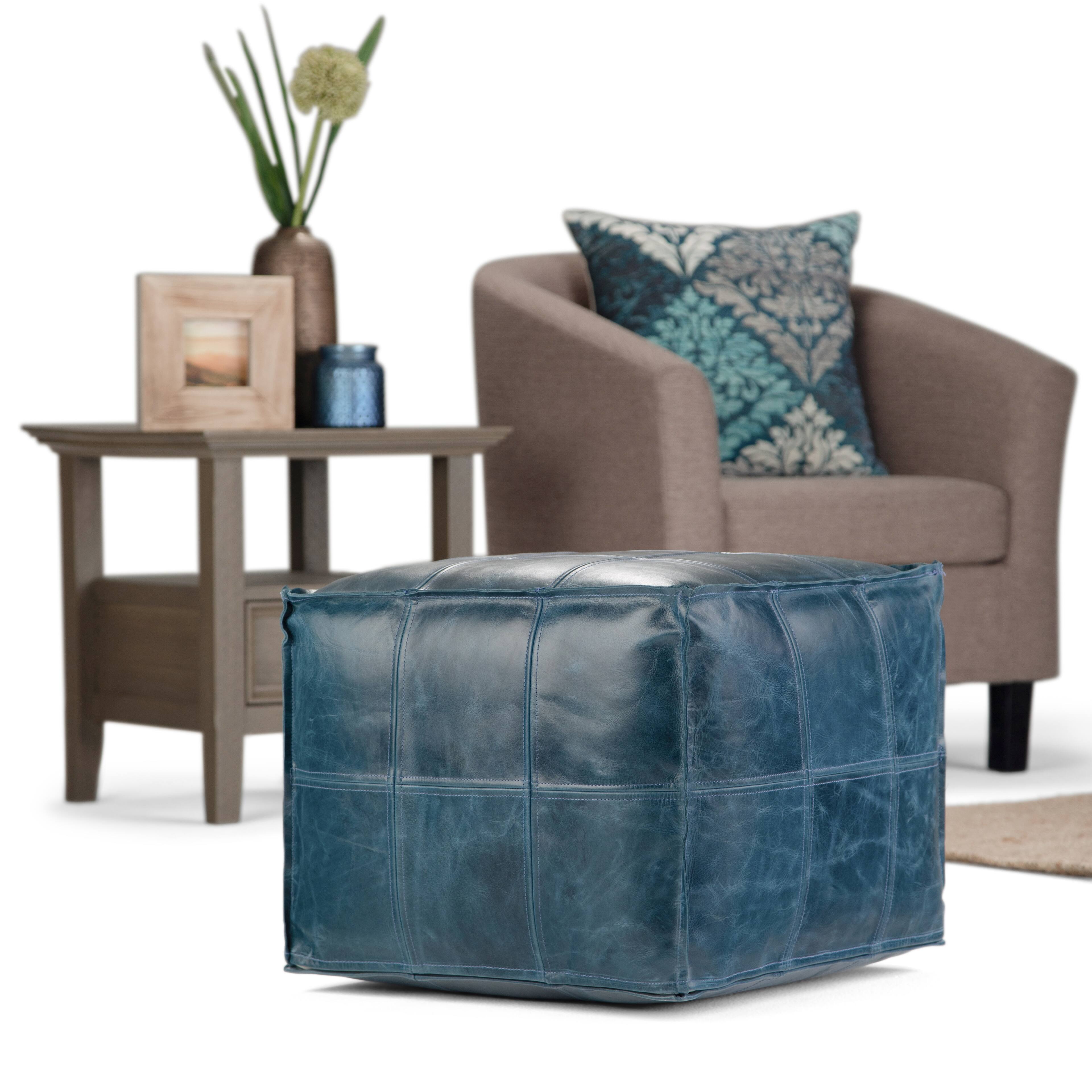 Angle. Simpli Home - Manning Square Contemporary Leather/Polystyrene Pouf - Teal.