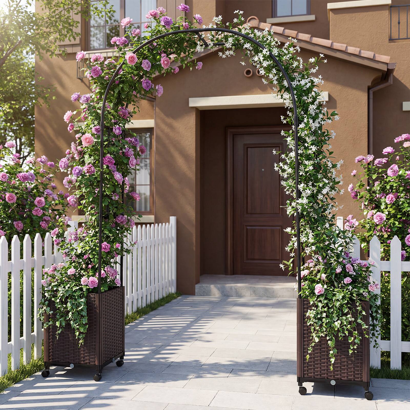 Alt View 3. Costway - Costway Garden Arch Trellis with 2 Self-watering Planter Boxes, Lockable Wheels for Plants - Black,Brown.