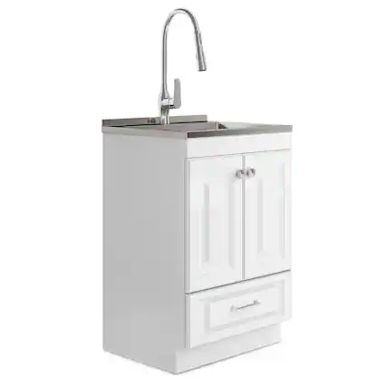 Front. Simpli Home - Lawrence All-in-One 24-inch Utility Sink & Cabinet - Pure White.