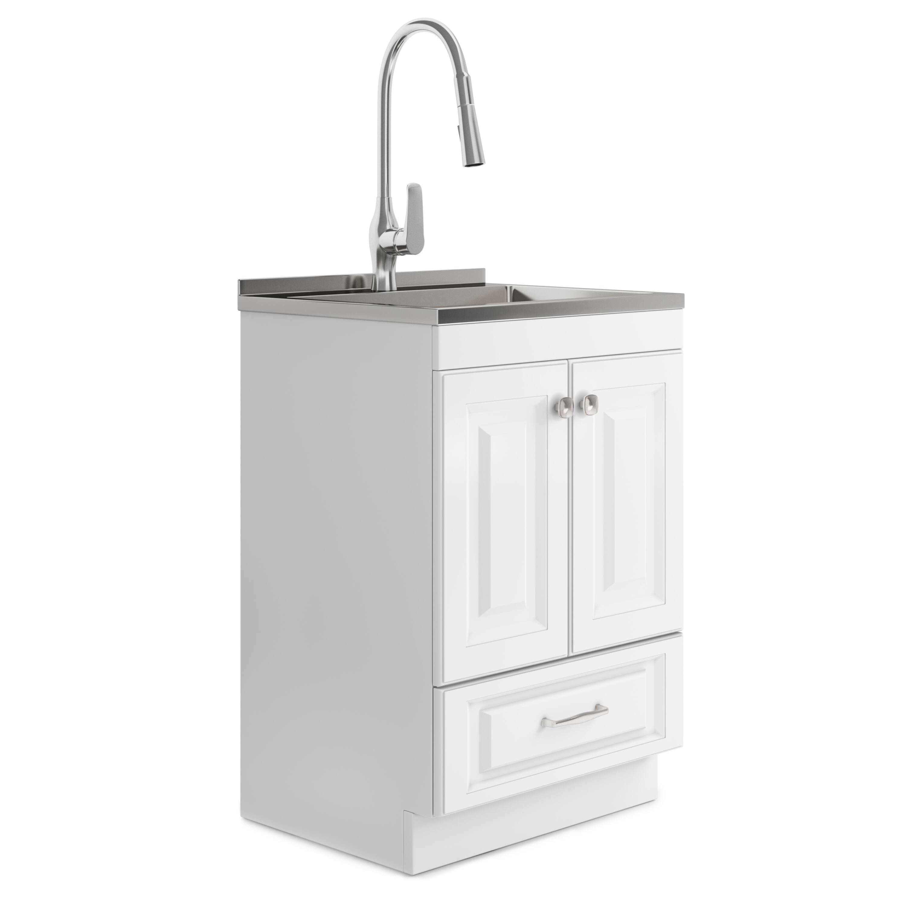 Front. Simpli Home - Lawrence  All-in-One 24-inch Utility Sink & Cabinet - Pure White.