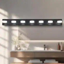 RYHNUYNE - 52" LED Bathroom Vanity Light,7‑Light Modern Wall Lighting Fixture with Round Acrylic Shade for Bathroom - Black