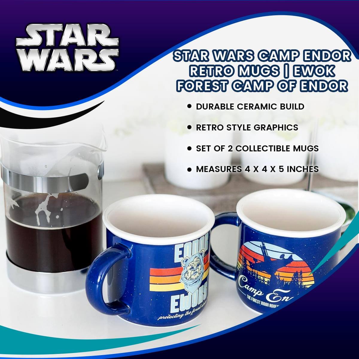 STAR WARS CAMP ENDOR RETRO MUGS | EWOK FOREST CAMP OF ENDOR  
- DURABLE CERAMIC BUILD  
- RETRO STYLE GRAPHICS  
- SET OF 2 COLLECTIBLE MUGS  
- MEASURES 4 X 4 X 5 INCHES